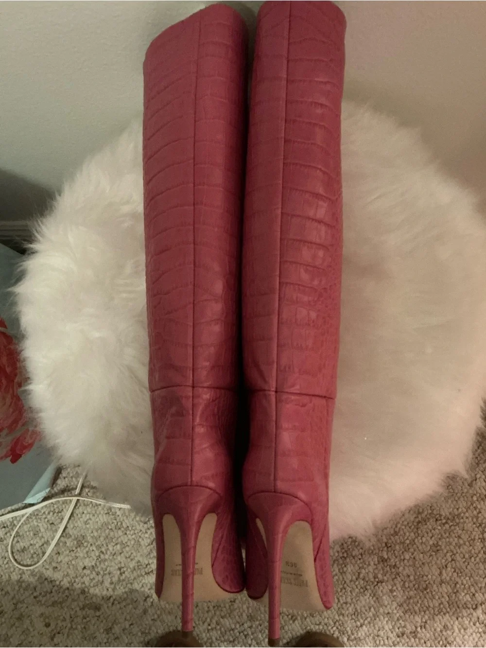 Paris Texas Pink Croc-Embossed Knee-High Pointed Toe Boots - Picture 8 of 9